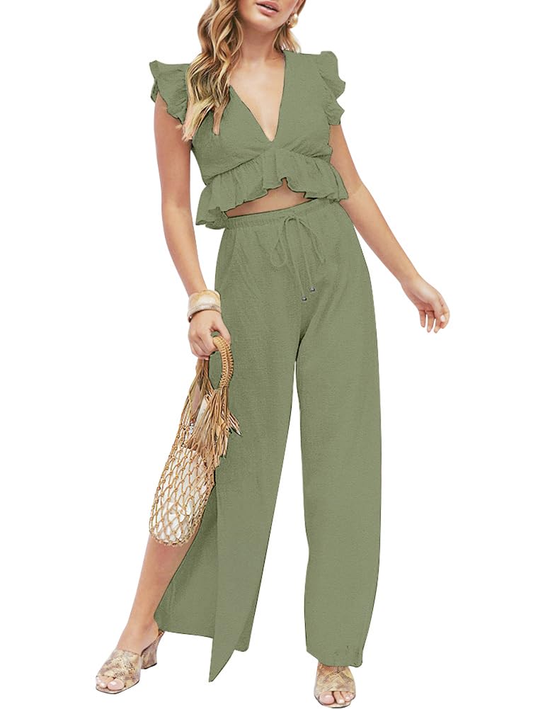 FANCYINN Womens 2 Pieces Outfits Deep V Neck Crop Top St Patricks Day Shirt Side Slit Drawstring Wide Leg Pants Set Jumpsuits Olive Green L - Image 2